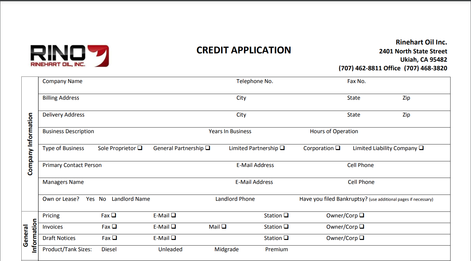 Rinehart Oil Credit Application Form